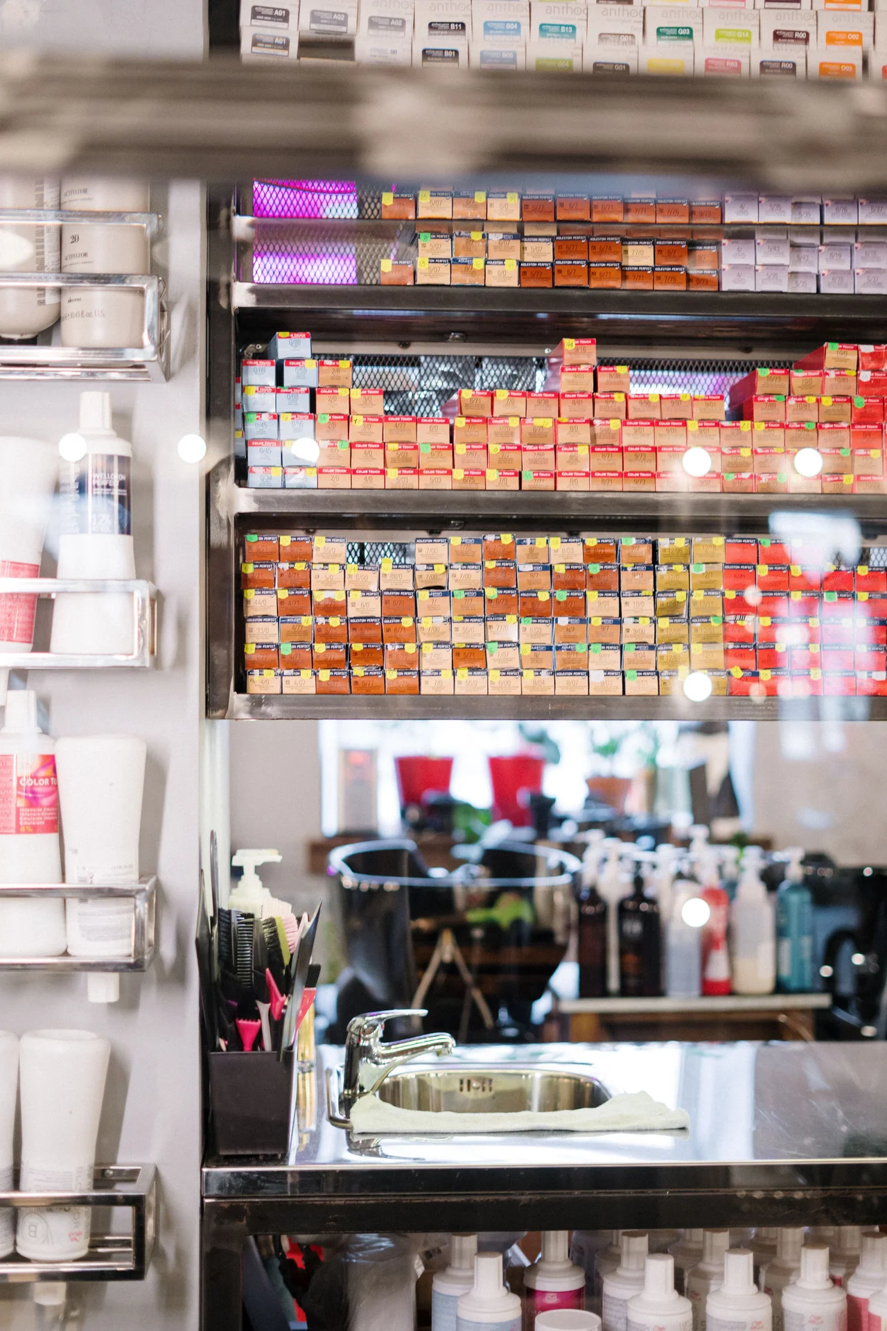 Salon colour products on shelves